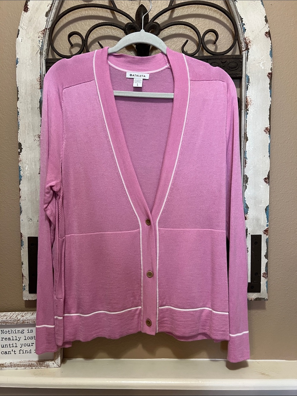 Athleta Pink V-Neck Button-Front Cardigan with White Piping